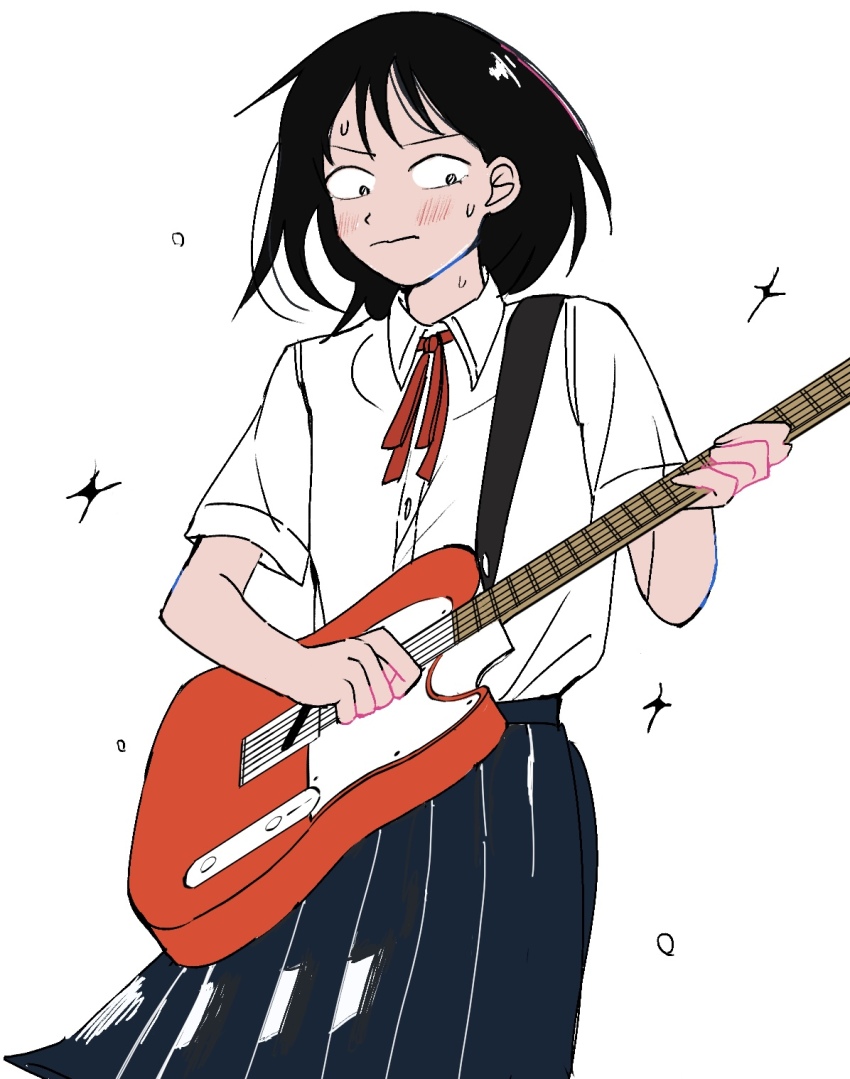 1girl black_hair blue_skirt blush collared_shirt electric_guitar fender_telecaster frustrated futsuu_no_keion-bu guitar guitar_strap hatono_chihiro highres holding holding_guitar holding_instrument instrument monochrome_background music ph_oyu playing_guitar playing_instrument pleated_skirt red_ribbon ribbon school_uniform shirt simple_background skirt small_pupils solo sparkle sweat white_background white_shirt