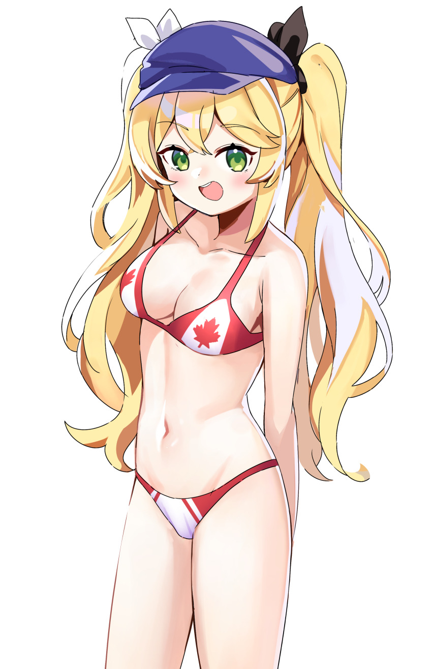 1girl absurdres belly blonde_hair blush bow bra breasts canada canadian_flag commission dokibird_(vtuber) dokibird_(vtuber)_(retro_doki) green_eyes hat highres indie_virtual_youtuber looking_at_viewer navel open_mouth panties red_bra red_panties ribbon simple_background solo teeth thighs twintails underwear underwear_only vieru2n virtual_youtuber white_background white_bra white_panties