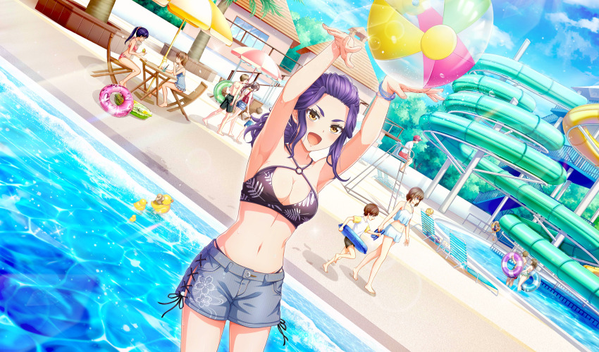 :d arms_up ball bangs_pinned_back beach_chair beach_umbrella beachball bikini bikini_under_shorts black_bikini bracelet breasts brown_hair cinderella_series cleavage dutch_angle game_cg hachigatsu_no_cinderella_nine highres izumida_kyouka jewelry jumping lens_flare long_hair looking_ahead low_ponytail multiple_boys multiple_girls navel non-web_source official_alternate_hairstyle official_art open_mouth orange_eyes outdoors ponytail pool print_bikini purple_hair rubber_duck short_hair sidelocks smile solo_focus sparkle squirrel swim_ring swimsuit umbrella water water_slide
