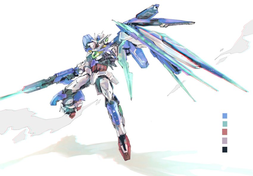 00_qan[t] commentary green_eyes gundam gundam_00 gundam_00_a_wakening_of_the_trailblazer highres holding holding_sword holding_weapon joints kare_(0621utak) mecha mobile_suit no_humans open_hand robot robot_joints science_fiction shield simple_background solo sword v-fin weapon white_background