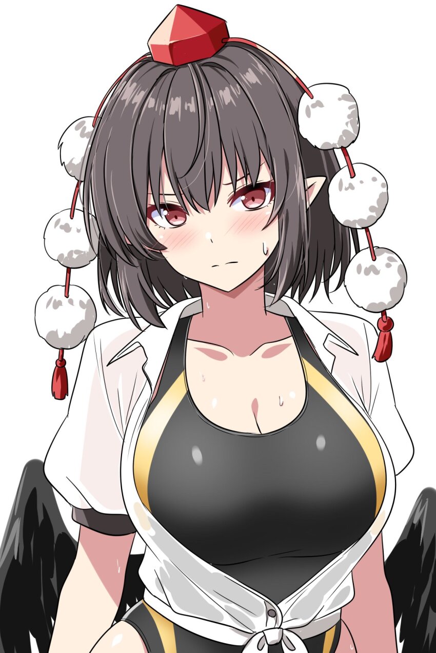 1girl alternate_costume bird_wings black_one-piece_swimsuit black_wings blush breasts brown_hair cleavage closed_mouth collarbone commentary hat highres large_breasts looking_at_viewer medium_hair one-piece_swimsuit pom_pom_(clothes) red_eyes red_hat rise_(rise19851203) shameimaru_aya shirt simple_background solo sweat swimsuit swimsuit_under_clothes tokin_hat touhou wet wet_clothes wet_shirt white_background white_shirt wings