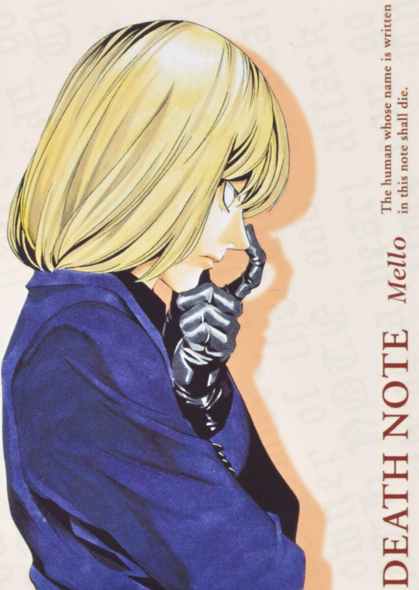 1boy absurdres black_gloves blonde_hair bob_cut character_name copyright_name death_note english_text from_side gloves highres mello_(death_note) obata_takeshi official_art sanpaku solo