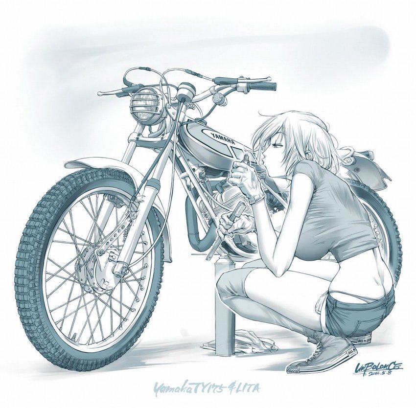1girl 2016 breasts dated female_focus full_body large_breasts lita_(unbalance) midriff monochrome motor_vehicle motorcycle narrow_waist short_shorts shorts simple_background solo spark_plug squatting tagme thighhighs tomboy toothbrush unbalance whale_tail_(clothing) white_background yamaha