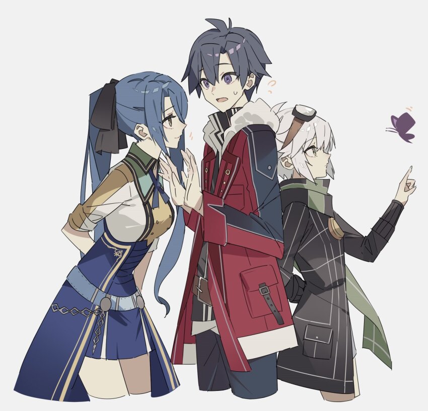 1boy 2girls arm_behind_back arms_behind_back black_hair blue_hair breasts eiyuu_densetsu fie_claussell fur_collar george_man goggles goggles_on_head green_eyes grey_background highres jacket large_breasts laura_s._arseid long_hair multiple_girls open_mouth ponytail purple_eyes rean_schwarzer scarf sen_no_kiseki sen_no_kiseki_(series) sen_no_kiseki_ii short_hair sidelocks simple_background small_breasts smile sweatdrop white_hair yellow_eyes