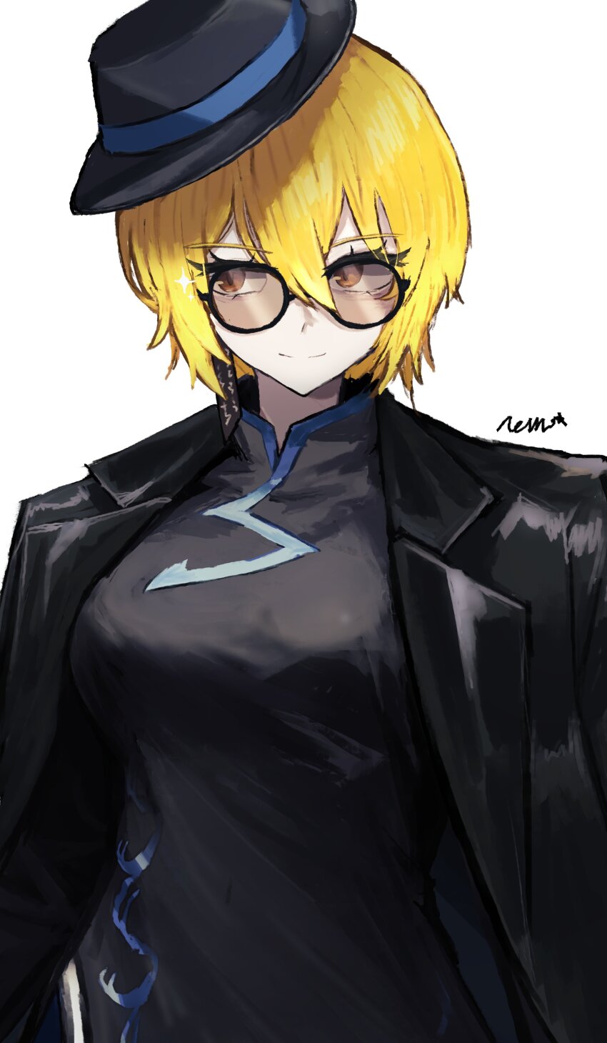1girl absurdres black_coat black_dress black_hat blonde_hair bracelet breasts china_dress chinese_clothes coat coat_on_shoulders don_quixote_(project_moon) dress earrings cinq_east_(identity)_(project_moon) hat highres jewelry large_breasts limbus_company long_sleeves nm02080208 open_mouth partially_opaque_sunglasses project_moon round_eyewear short_hair simple_background single_earring smile solo sunglasses tilted_headwear tilted_headwear white_background yellow_eyes