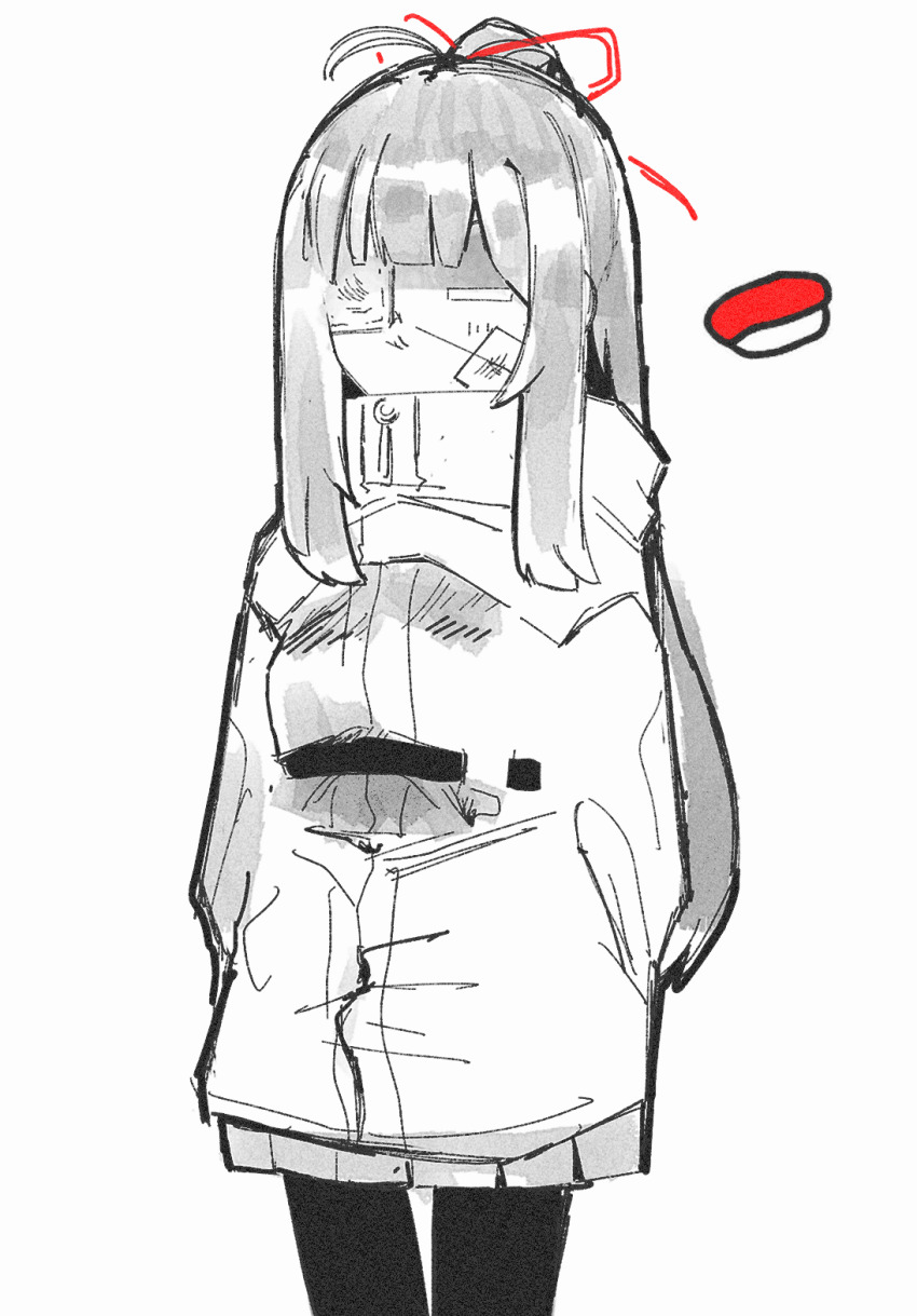 1girl arms_behind_back eyepatch fish_(food) food greyscale hair_ribbon highres jacket library_of_ruina long_hair madotsuki_ren medical_eyepatch monochrome nigirizushi pantyhose pleated_skirt project_moon red_ribbon ribbon shi_association_south_uniform sidelocks skirt solo spot_color sushi tenma_(project_moon) thick_outlines very_long_hair