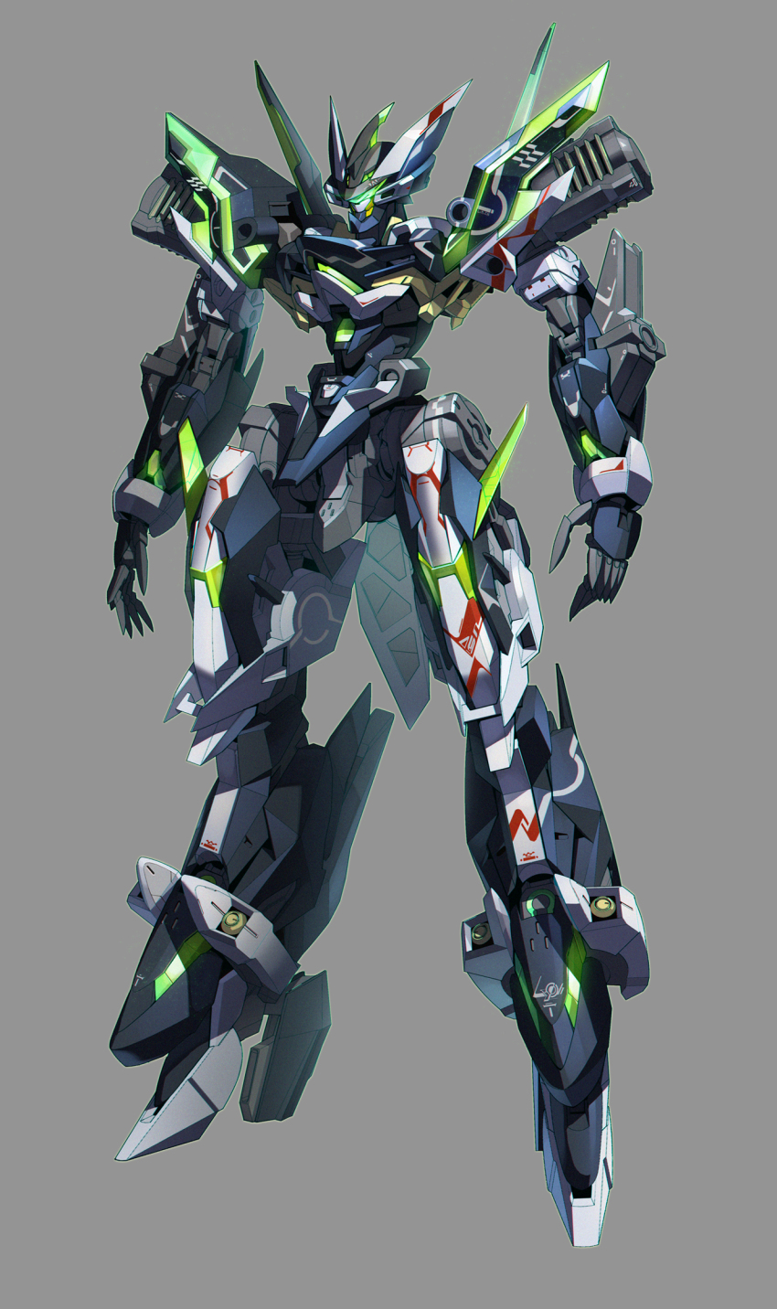 assault_visor chinese_commentary crosscore full_body glowing grey_background highres lingch mecha mecha_focus nebula_(crosscore) no_humans official_art open_hands robot science_fiction solo