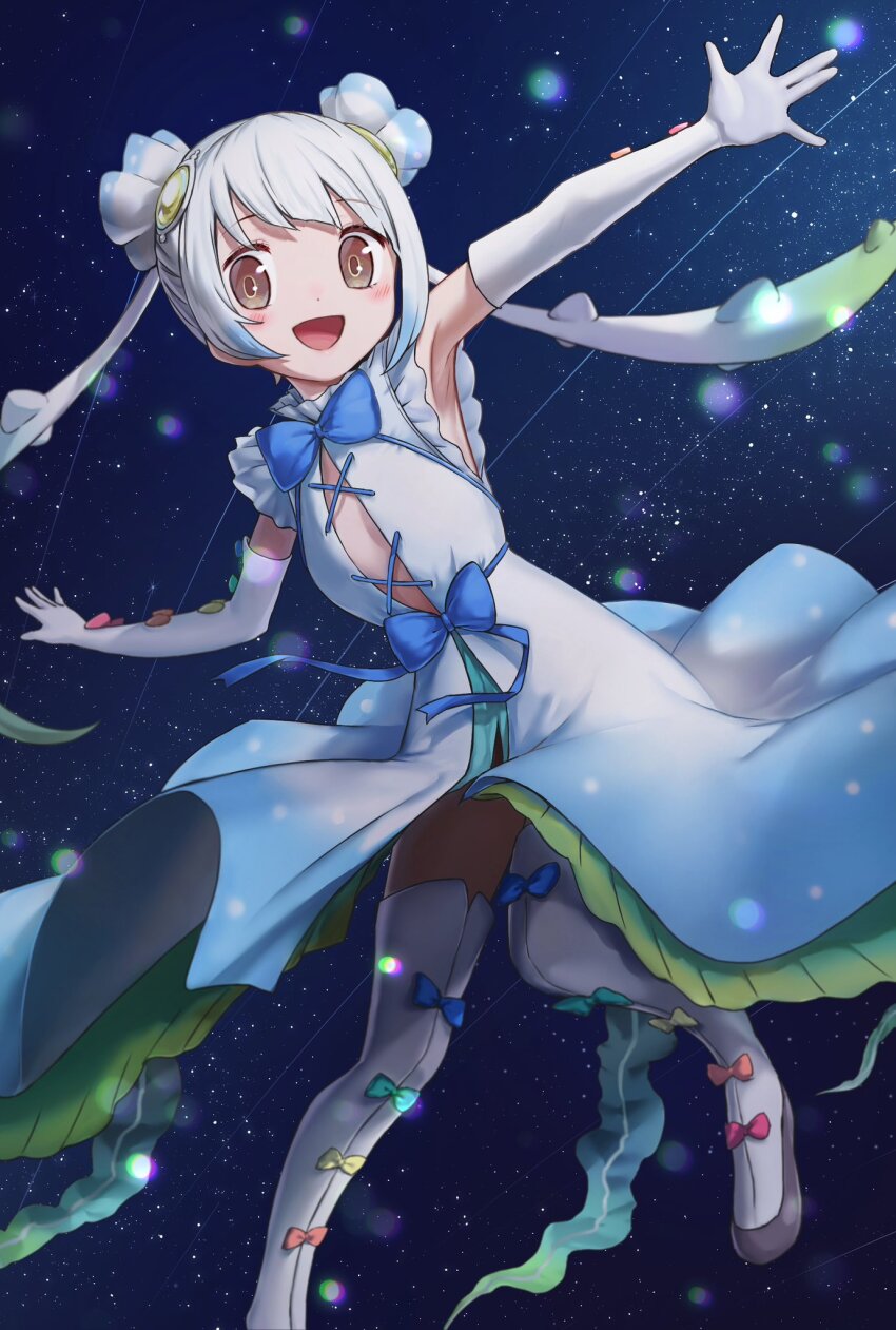 1girl blue_bow blue_bowtie blue_dress blue_hair blush boots bow bowtie brown_eyes double_bun dress elbow_gloves footwear_bow frilled_dress frills gloves gradient_background gradient_clothes gradient_dress hair_between_eyes hair_bun highres kemono_friends long_hair looking_at_viewer mogurii night night_sky open_mouth rainbow_bow sidelocks sky skyfish_(kemono_friends) sleeveless smile solo star_(sky) thigh_boots twintails white_boots white_dress white_gloves white_hair