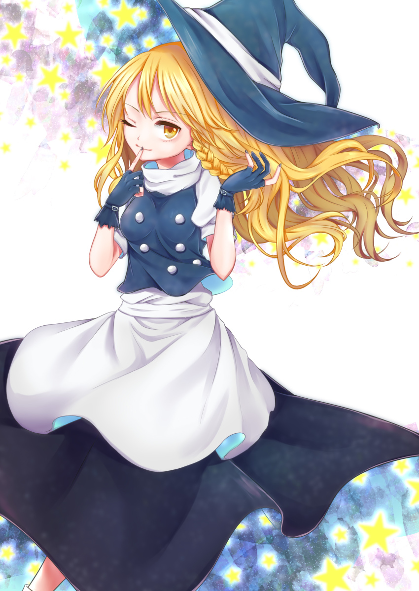 1girl absurdres apron black_gloves black_hat black_nails blonde_hair braid buttons commentary_request female_focus finger_to_mouth floating_hair gloves hat hat_ribbon highres kirisame_marisa long_hair nail_polish one_eye_closed ribbon rnkgmn short_sleeves side_braid skirt skirt_set solo star_(symbol) touhou very_long_hair vest waist_apron wavy_hair white_ribbon witch_hat yellow_eyes