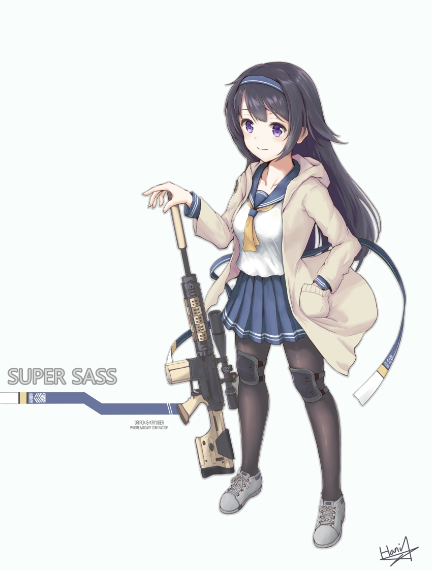 1girl ar-10 artist_name ascot battle_rifle black_hair black_pantyhose blouse blue_skirt breasts character_name check_commentary closed_mouth collarbone commentary commentary_request female_focus full_body girls&#039;_frontline grey_shoes gun hairband hand_in_pocket hani_(v2ictory) highres hood hooded_jacket jacket knee_pads long_hair long_sleeves looking_at_viewer medium_breasts neckerchief no_gloves pantyhose pleated_skirt purple_eyes rifle sailor_collar school_uniform serafuku shirt shoes signature simple_background skirt smile sneakers solo standing super_sass_(girls&#039;_frontline) tareme weapon white_background white_jacket white_shirt wind yellow_neckwear