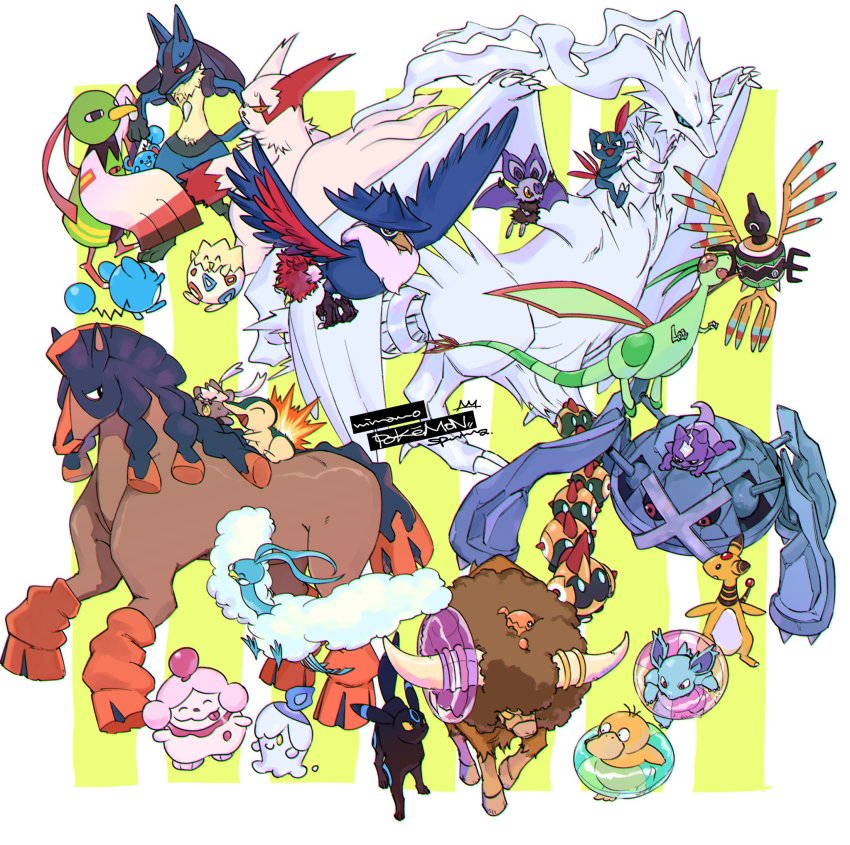 :d ^_^ altaria ampharos bird black_eyes black_sclera border bouffalant claws closed_eyes colored_sclera commentary_request copyright_name cuddling cyndaquil falinks fang flygon flying gen_1_pokemon gen_2_pokemon gen_3_pokemon gen_4_pokemon gen_5_pokemon gen_6_pokemon gen_7_pokemon gen_8_pokemon highres honchkrow kubfu legendary_pokemon litwick looking_back lucario marill metagross mudsdale nidorina nintendo no_humans noibat open_mouth pokemon pokemon_(creature) psyduck red_eyes reshiram riding riding_pokemon sigilyph slurpuff smile sneasel sweatdrop t1ger_spuma togepi toxel trapinch umbreon white_border white_fur xatu yellow_fur zangoose