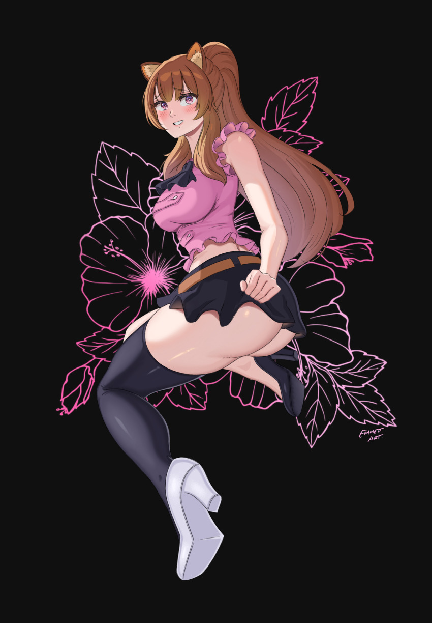 1girl absurdres alternate_costume animal_ears artist_name ascot ass asymmetrical_footwear belt black_ascot black_background black_footwear black_skirt black_thighhighs blush bottomless breasts brown_belt brown_hair clothes_lift commentary cosplay cutoff_commentary elizabeth_liones elizabeth_liones_(cosplay) emmettart english_commentary flower frilled_shirt frills full_body grin high_heels high_ponytail highres large_breasts long_hair looking_at_viewer miniskirt mismatched_footwear nanatsu_no_taizai pink_shirt ponytail raccoon_ears raccoon_girl raphtalia red_eyes shirt short_sleeves simple_background single_thighhigh skindentation skirt skirt_lift smile solo tate_no_yuusha_no_nariagari thick_thighs thighhighs thighs white_footwear
