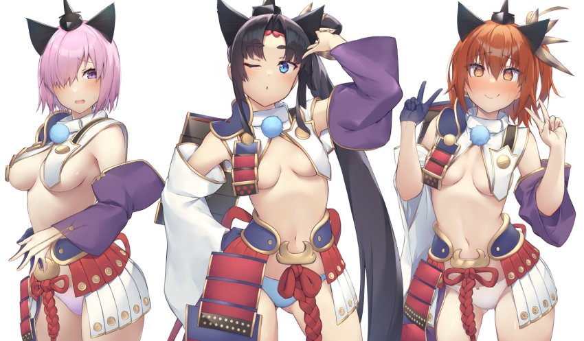 3girls ;o @_@ arm_up armor asymmetrical_sleeves black_gloves black_hair blue_eyes blue_panties blush bow bow_panties breast_curtains breasts circlet commentary contrapposto cosplay cowboy_shot detached_sleeves double_v fate/grand_order fate_(series) fujimaru_ritsuka_(female) gloves gluteal_fold hair_between_eyes hair_ornament hair_over_one_eye hand_on_own_hip hat japanese_armor kusazuri large_breasts light_purple_hair long_hair long_sleeves looking_at_viewer mash_kyrielight midriff mismatched_sleeves multiple_girls navel one_eye_closed open_mouth orange_hair panties parted_lips pink_panties pinta_(ayashii_bochi) purple_eyes revealing_clothes short_hair side_ponytail sideboob simple_background single_glove sweatdrop thighs underwear ushiwakamaru_(fate) ushiwakamaru_(fate)_(cosplay) v very_long_hair white_background white_panties