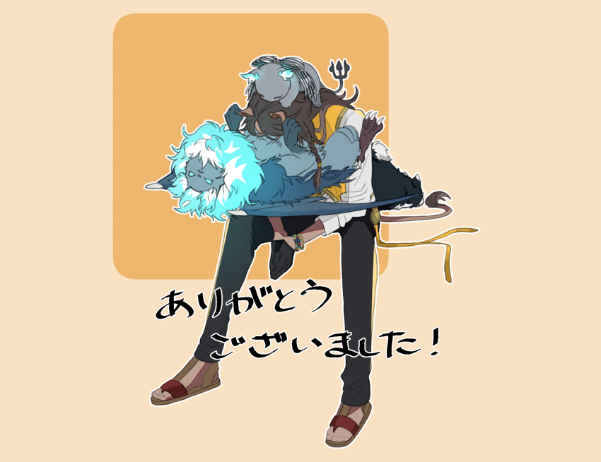 1boy animal animal_ears brown_hair cat chimera chimera_(twisted_wonderland) commentary_request creature creature_on_head dragon_wings full_body grim_(twisted_wonderland) highres invisible_chair leona_kingscholar lion_boy lion_ears lion_tail long_hair lucius_(twisted_wonderland) male_focus neck_fire night_raven_college_uniform orange_background raccoonlot sandals school_uniform sitting solo tail translation_request twisted_wonderland vest wings yellow_vest