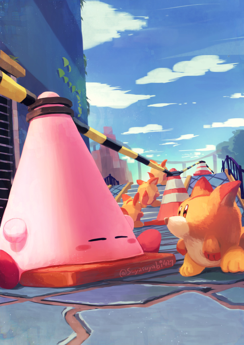 absurdres awoofy blue_sky blush_stickers building caution_tape closed_eyes cloud cone_mouth highres kirby kirby_(series) kirby_and_the_forgotten_land looking_at_another mouthful_mode nintendo queue sky stairs stone_floor suyasuyabi traffic_cone twitter_username