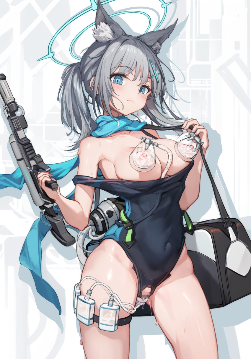 1girl aden_07 animal_ear_fluff animal_ears bag black_one-piece_swimsuit blue_archive blue_eyes blue_scarf blush bottle breast_pump breasts breasts_out censored closed_mouth competition_swimsuit covered_navel cross cross_hair_ornament crotchless crotchless_swimsuit extra_ears grey_hair gun hair_ornament halo highleg highleg_one-piece_swimsuit highres inverted_cross lactation looking_at_viewer low_ponytail medium_breasts medium_hair milking_machine multicolored_swimsuit nipples object_insertion off_shoulder official_alternate_costume one-piece_swimsuit ponytail pussy_cutout pussy_juice pussy_juice_in_container pussy_juice_trail pussy_pump scarf shiroko_(blue_archive) shiroko_(swimsuit)_(blue_archive) shoulder_bag simple_background solo swimsuit thigh_strap tube two-tone_swimsuit vaginal vaginal_object_insertion weapon wolf_ears
