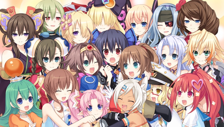 6+girls ^_^ ain_aru bio_(chou_megami_shinkou_noire_gekishin_black_heart) blanc_(neptunia) blonde_hair blossa_aizen blue_eyes braid breasts brown_hair chou_megami_shinkou_noire_gekishin_black_heart closed_eyes double_bun estelle everyone fang flower game_cg green_eyes green_hair hair_bun hair_flower hair_ornament highres jeneria_g jewelry lady_wakku large_breasts little_rain long_hair masujima_ai moruu multiple_girls neptune_(neptunia) neptune_(series) noire_(neptunia) official_art one_eye_closed outdoors pink_hair ponytail purple_hair puuna_(chou_megami_shinkou_noire_gekishin_black_heart) restoa rid rii_fai ryuuka sango_(chou_megami_shinkou_noire_gekishin_black_heart) saori_(chou_megami_shinkou_noire_gekishin_black_heart) short_hair smile tsunako tsunemi twin_braids twintails vert_(neptunia) win_(chou_megami_shinkou_noire_gekishin_black_heart)