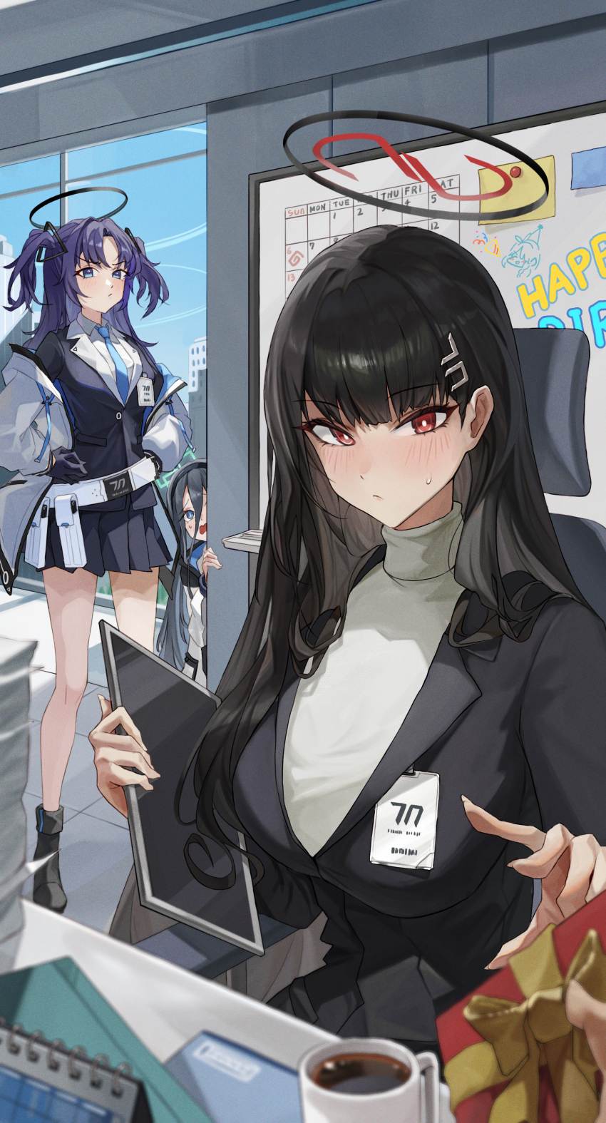 1other 3girls absurdres aris_(blue_archive) belt black_boots black_gloves black_hair black_jacket blazer blue_archive blue_eyes blue_necktie blush boots box breasts coffee commentary_request cup gift gift_box gloves hair_between_eyes hair_ornament hairclip halo hands_on_own_hips highres holding holding_tablet_pc indoors jacket large_breasts long_hair looking_at_viewer multiple_girls necktie off_shoulder open_mouth pleated_skirt purple_hair red_eyes rio_(blue_archive) sitting skirt sweatdrop sweater tablet_pc turtleneck turtleneck_sweater two_side_up very_long_hair vkrv4873 white_jacket white_sweater yuuka_(blue_archive)