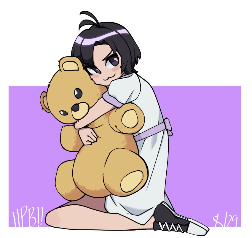 :3 absurdres antenna_hair bear black_hair highres hugging_object idolmaster idolmaster_(classic) kikuchi_makoto meltface on_floor parted_bangs shoes sidelocks simple_background sneakers stuffed_animal stuffed_toy teddy_bear white_background