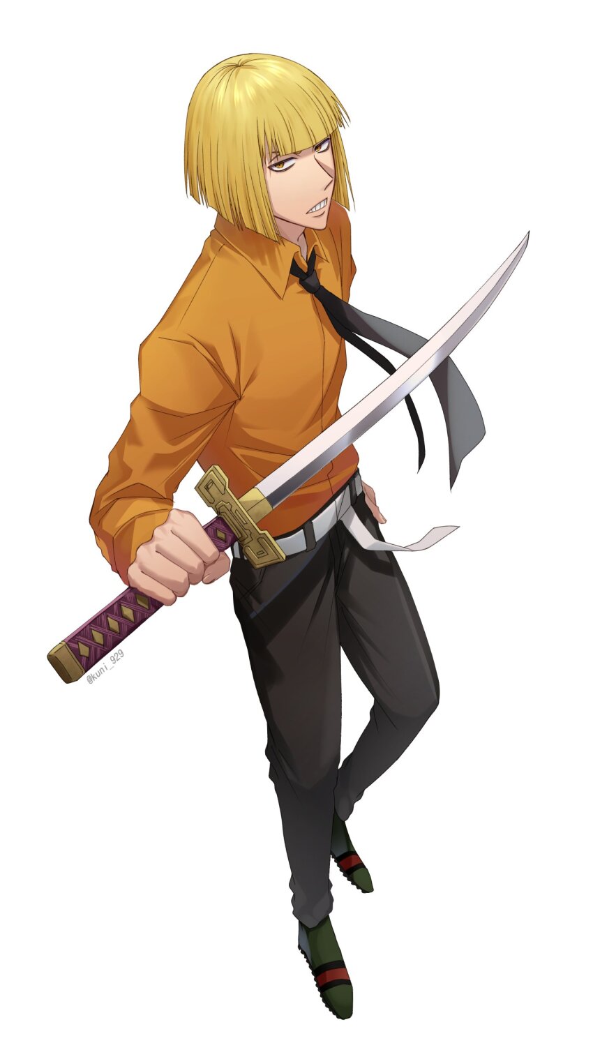 1boy absurdres belt black_necktie black_pants bleach blonde_hair blunt_bangs blunt_ends bob_cut brown_eyes collared_shirt commentary eyebrows_hidden_by_hair fighting_stance floating_neckwear full_body highres hirako_shinji holding holding_sword holding_weapon katana kuni_929 long_sleeves looking_at_viewer male_focus necktie orange_shirt pants serious shirt short_hair simple_background solo standing sword teeth tsurime v-shaped_eyebrows weapon white_background white_belt
