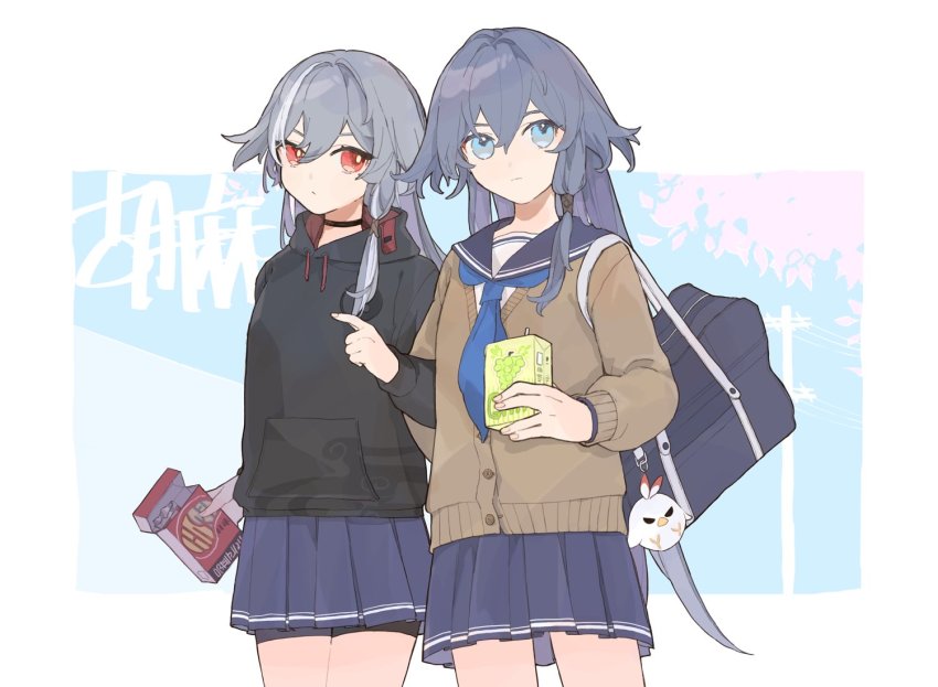 2girls bag black_choker black_hair black_hoodie blue_eyes blue_neckerchief blue_skirt brown_jacket choker closed_mouth dual_persona fu_hua herrscher_of_sentience honkai_(series) honkai_impact_3rd hood hoodie jacket juice_box long_hair looking_at_viewer mogomaco multiple_girls neckerchief red_eyes sailor_collar school_uniform shoulder_bag skirt yuri