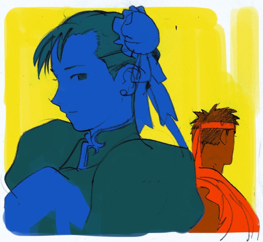 1boy 1girl black_hair bow bun_cover capcom china_dress chinese_clothes chun-li double_bun dougi dress earrings hair_bow hair_bun headband highres jewelry looking_at_viewer noobboy_02 profile ryu_(street_fighter) simple_background street_fighter upper_body yellow_background