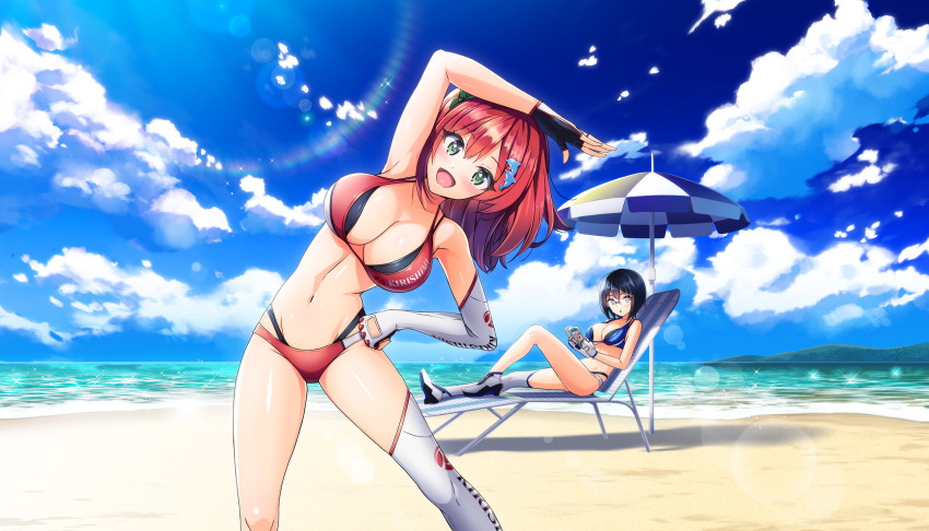 2girls :d bare_shoulders beach beach_chair bikini blue_bikini blue_hair bob_cut book breasts cleavage dolphin_hair_ornament dolphin_wave elbow_gloves feet_out_of_frame fingerless_gloves game_cg gloves green_eyes green_scrunchie hair_ornament hair_scrunchie highres holding holding_book kirishima_uniform kneehighs large_breasts layered_bikini marine_day multiple_girls navel non-web_source official_art one_side_up ootomo_takuji open_mouth outdoors parasol red_bikini red_hair rimless_eyewear sakimiya_iruka scrunchie short_hair single_elbow_glove single_kneehigh single_sock single_thighhigh sitting smile socks solo_focus stretching swimsuit thighhighs tojou_michiru umbrella