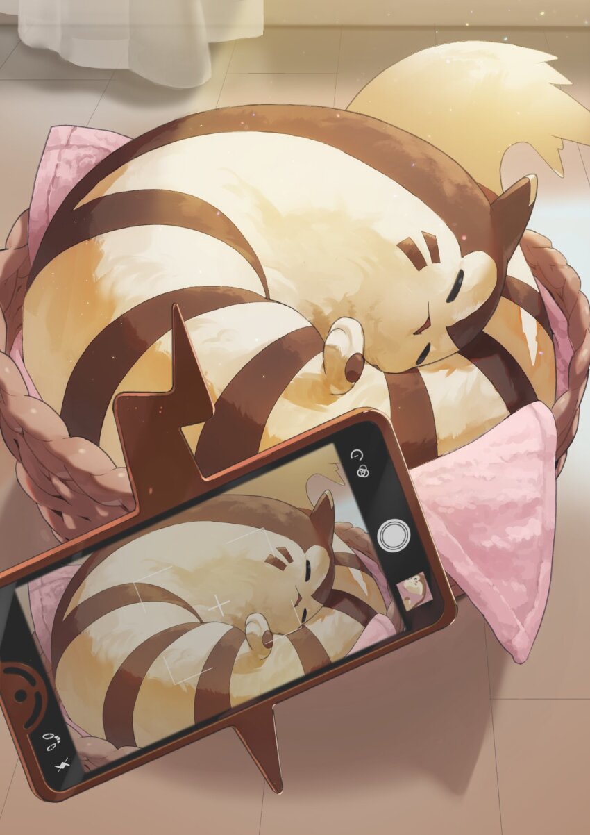 2others animal_focus basket facial_mark furret gen_2_pokemon gen_4_pokemon highres kanataeni multiple_others nintendo no_humans pokemon pokemon_(creature) rotom rotom_phone sleeping taking_picture whisker_markings