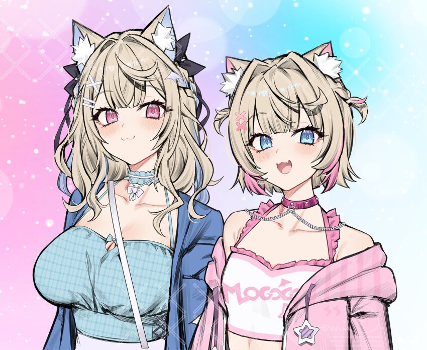 2girls :3 animal_ear_fluff animal_ears blonde_hair blue_background blue_camisole blue_eyes blue_hair blue_jacket blush breasts camisole cleavage collarbone crop_top dog_ears dog_girl emu_(confisery) fuwawa_abyssgard fuwawa_abyssgard_(casual) gradient_background highres hololive hololive_english jacket large_breasts long_hair mococo_abyssgard mococo_abyssgard_(casual) multicolored_hair multiple_girls pink_background pink_eyes pink_hair pink_jacket shirt short_hair siblings simple_background sisters twins two-tone_hair upper_body virtual_youtuber white_shirt