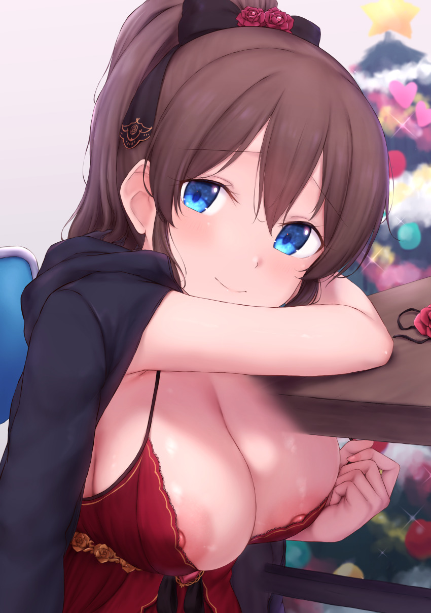 1girl absurdres black_jacket blush breasts cai_geng christmas_tree cleavage closed_mouth flower hair_flower hair_ornament highres idolmaster idolmaster_million_live! jacket jacket_on_shoulders large_breasts lingerie long_hair looking_at_viewer negligee nipple_slip nipples ponytail red_flower red_rose rose satake_minako smile solo underwear upper_body x-ray