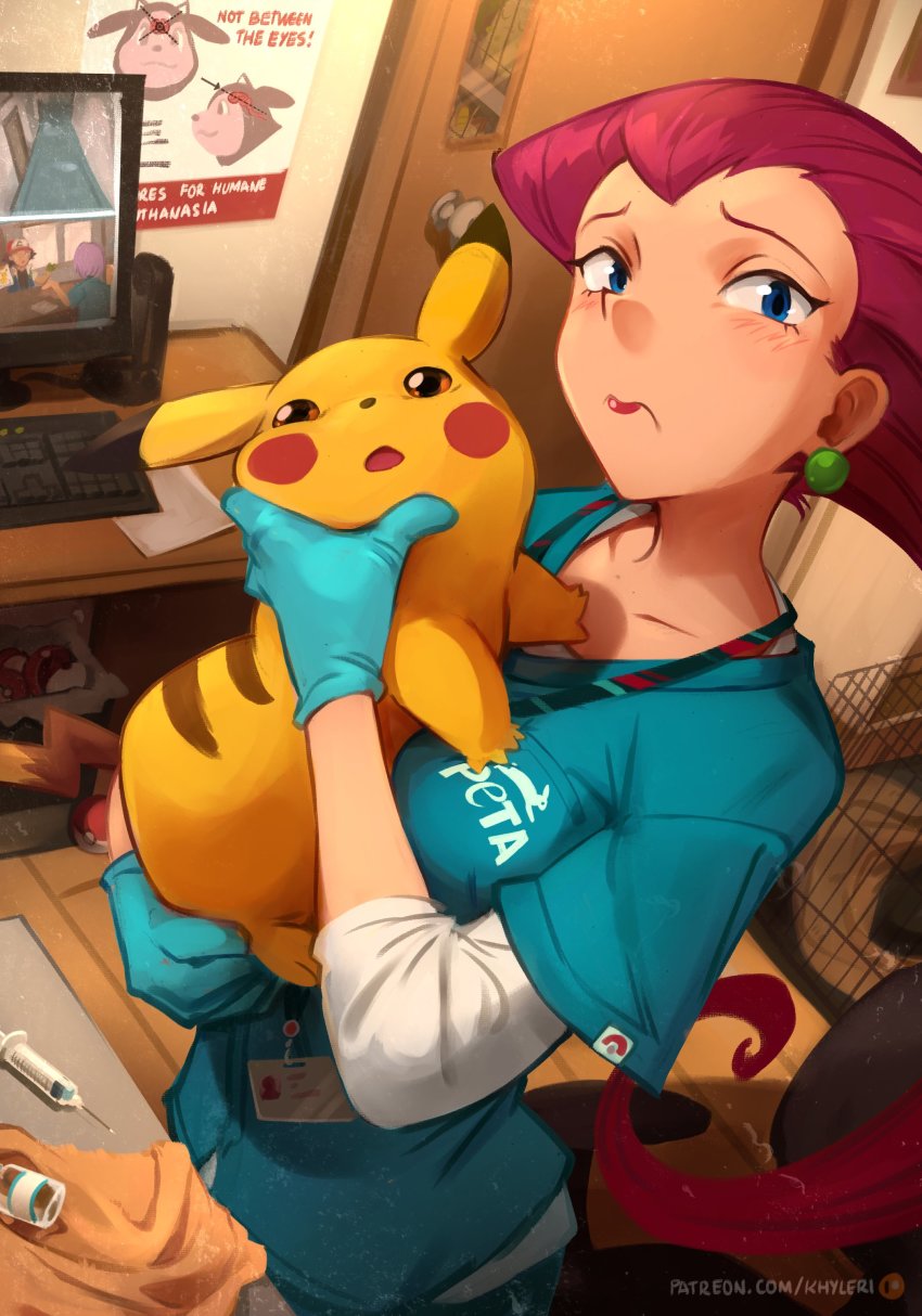 1girl 3boys absurdres animal ash_ketchum blue_gloves blue_hair blue_shirt bow cage chikorita collarbone computer desk disgust door drawing_(object) english_text from_above gen_1_pokemon gen_2_pokemon gloves hall head_grab highres holding holding_animal imminent_death imminent_murder indoors james_(pokemon) jessie_(pokemon) jewelry khyle. lipstick long_hair looking_at_viewer makeup meme meowth miltank multiple_boys necklace nintendo paper people_for_the_ethical_treatment_of_animals pikachu pokemon pokemon_(anime) poster_(object) red_bow seat shirt standing surgical_gloves syringe wooden_floor