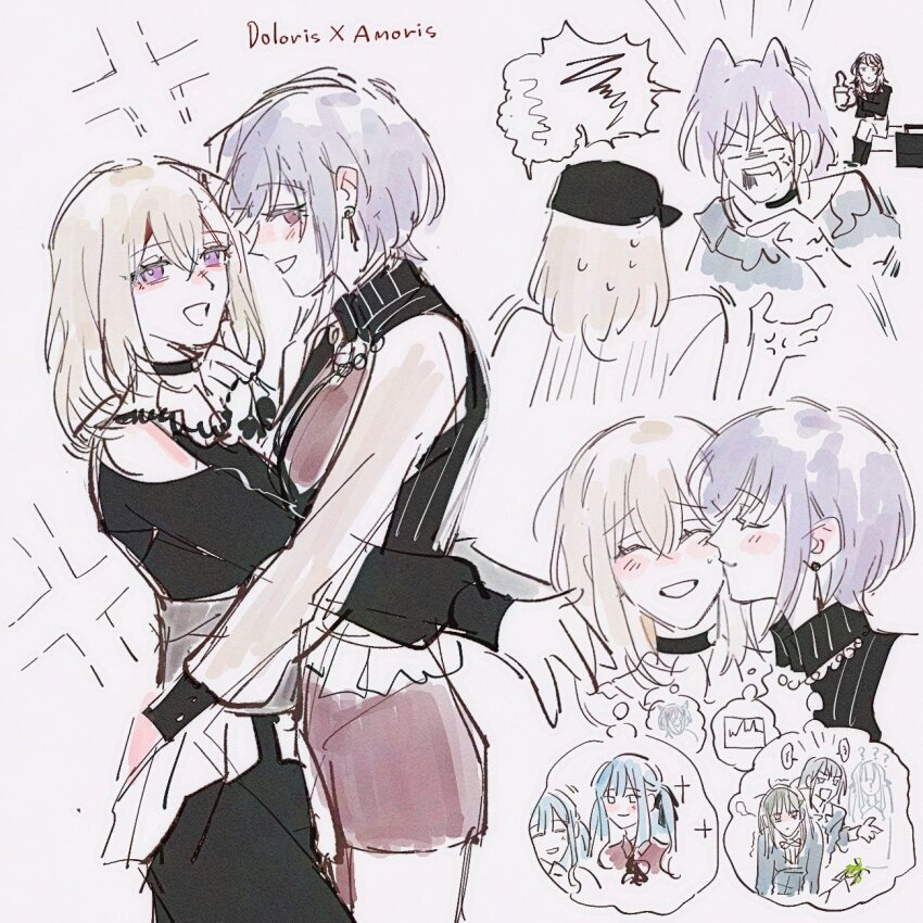 3girls amoris_(bang_dream!) anger_vein bang_dream! bang_dream!_it&#039;s_mygo!!!!! baseball_cap black_hat blonde_hair closed_eyes closed_mouth doloris_(bang_dream!) grey_background grin hat highres kemonomimi_mode kiss kissing_cheek maybecrosswise medium_hair misumi_uika multiple_girls oblivionis_(bang_dream!) pink_eyes purple_eyes purple_hair short_hair simple_background smile sparkle speech_bubble sweatdrop thought_bubble togawa_sakiko wakaba_mutsumi yahata_umiri yuri yuutenji_nyamu