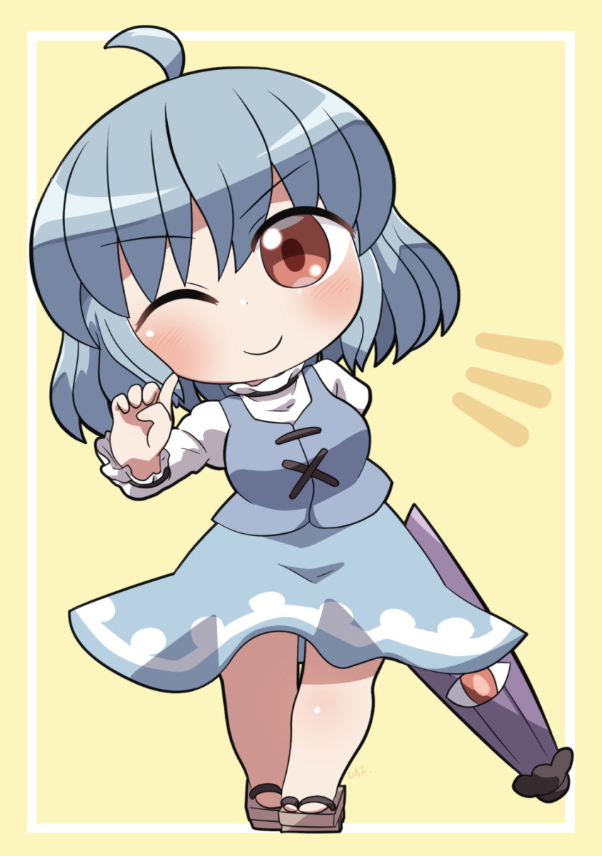 1girl ;) ahoge arm_behind_back blue_hair blue_skirt blue_vest blush brown_sandals chibi chibi_only closed_mouth commentary_request full_body geta hand_up highres index_finger_raised karakasa_obake long_sleeves looking_at_viewer notice_lines one_eye_closed purple_umbrella red_eyes rokugou_daisuke sandals shirt short_hair signature simple_background skirt skirt_set smile solo standing tatara_kogasa touhou umbrella vest white_shirt yellow_background