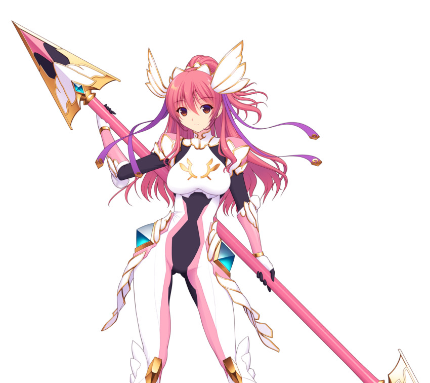 1girl armor bodysuit breasts contrapposto en_ciel_rena en_ciel_rena_(aegis) expressionless game_cg gloves hair_ornament hair_ribbon high_ponytail holding holding_weapon kourin_tenshi_en_ciel_rena large_variant_set long_hair looking_at_viewer magical_girl medium_breasts non-web_source official_art pink_hair polearm ponytail red_eyes ribbon saitou_natsuki solo spear standing suhamaya tomoe_rena transparent_background variant_set weapon