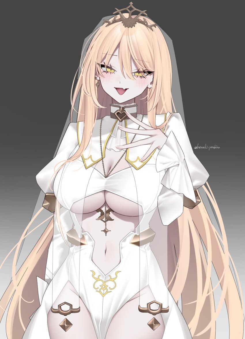 1girl blonde_hair breast_curtains breasts cleavage cleavage_cutout clothing_cutout cowboy_shot diamond_earrings earrings fang gradient_background hair_between_eyes hand_up hazaki_yoshino highres jewelry juliet_sleeves large_breasts long_hair long_sleeves looking_at_viewer navel navel_cutout nijisanji nui_sociere nui_sociere_(6th_costume) open_mouth puffy_sleeves single_earring skin_fang solo standing tiara twitter_username veil very_long_hair virtual_youtuber yellow_eyes
