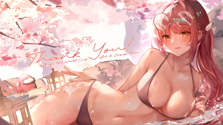1girl :d among_us bikini black_bikini blush breasts cherry_blossoms cleavage commentary cowboy_shot crewmate_(among_us) day dutch_angle english_commentary english_text eyewear_on_head glasses hair_intakes highres large_breasts long_hair lying micro_bikini navel on_side open_mouth original outdoors petals pink_hair red_(among_us) red_hair redcxca round_eyewear side_ponytail sidelocks smile solo stomach strap_pull swimsuit thank_you thighs yellow-framed_eyewear yellow_eyes
