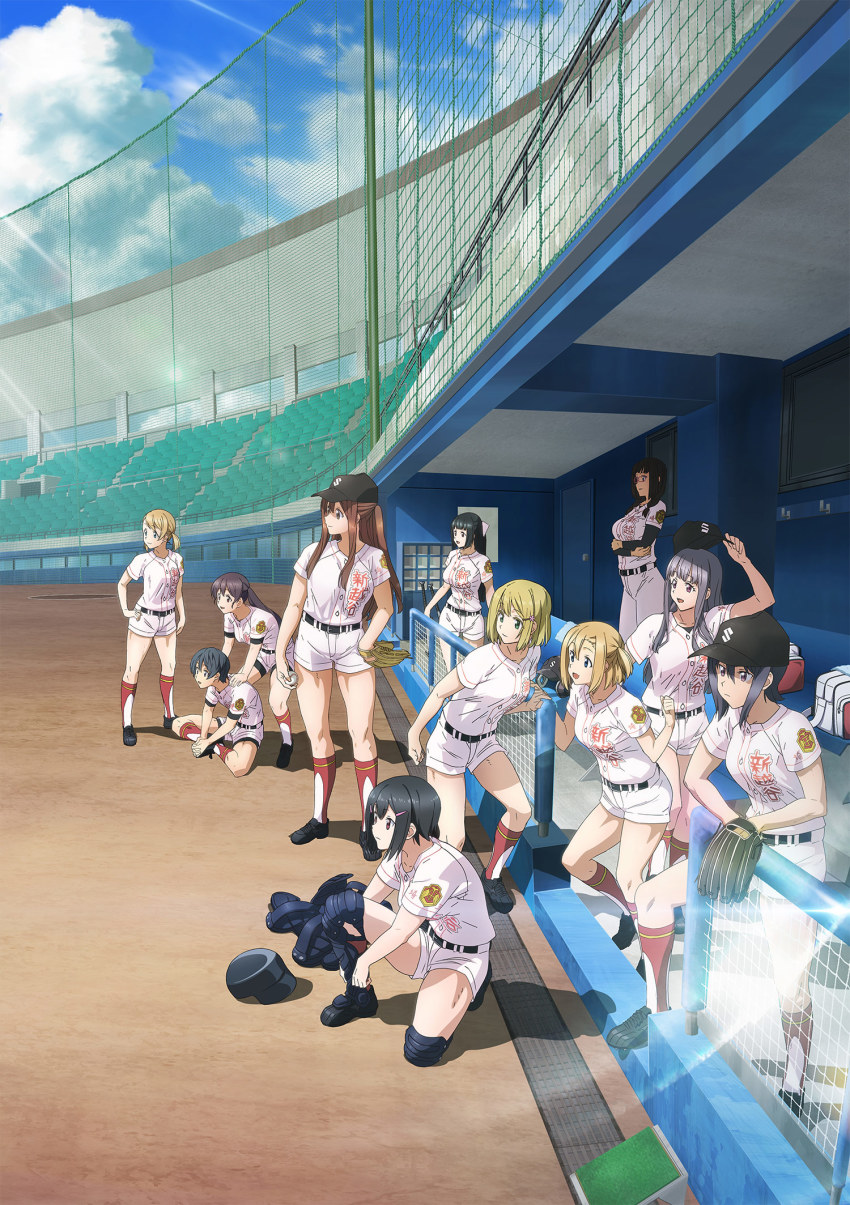 6+girls ball baseball_cap baseball_glove baseball_helmet baseball_jersey baseball_uniform black_hair blonde_hair blue_sky blunt_bangs bow brown_hair cloud commentary_request day fence fujii_kyouka fujita_sumire fujiwara_risa glasses hair_bow hair_ornament hairclip hat helmet high-waist_shorts highres holding holding_ball jersey kawaguchi_ibuki kawaguchi_yoshino kawasaki_ryou key_visual kneehighs long_hair multiple_girls nakamura_nozomi_(tamayomi) net official_art okada_rei oomura_shiragiku promotional_art shin_guards short_hair short_sleeves shorts sitting sky socks sportswear stadium standing sunlight takeda_yomi tamayomi thighs yamazaki_tamaki