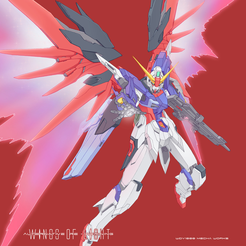 beam_rifle beam_weapon commentary destiny_gundam energy_gun english_commentary gun gundam gundam_seed gundam_seed_destiny highres holding holding_gun holding_shield holding_weapon mecha mecha_focus mobile_suit no_humans red_background rifle robot shield simple_background v-fin wdy1000 weapon wings