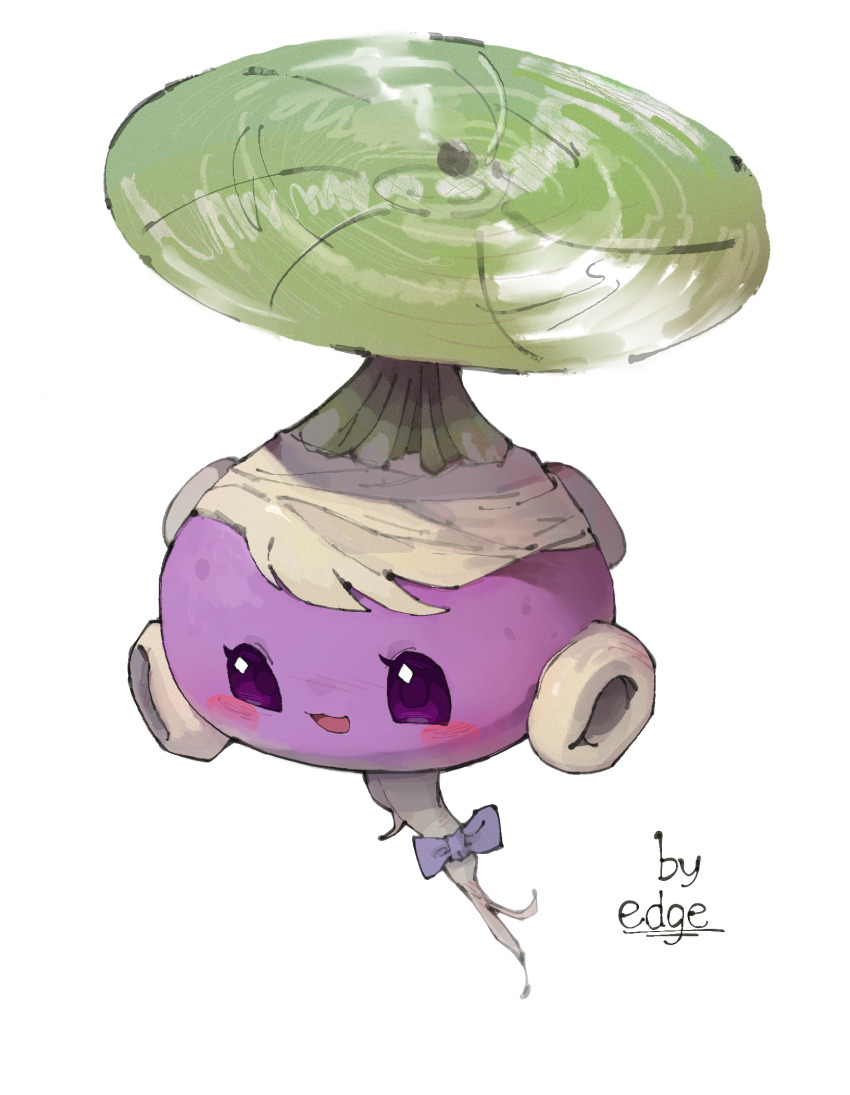 :3 :d artist_name bai_xuewen_cai_edge blush bow chinese_commentary commentary_request food highres no_humans open_mouth plant_roots plants_vs._zombies plants_vs._zombies_2 purple_bow purple_eyes rotobaga_(plants_vs._zombies) simple_background smile solid_oval_eyes solo tongue white_background