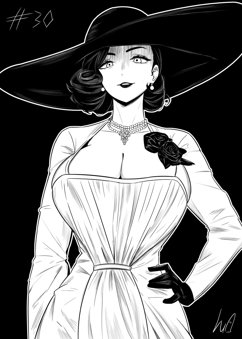 1girl absurdres alcina_dimitrescu bead_necklace beads breasts cleavage commentary earrings gloves greyscale hand_on_own_hip hat highres huge_breasts jewelry lipstick lughost makeup mature_eyes mature_female monochrome necklace parted_lips resident_evil resident_evil_village signature solo upper_body