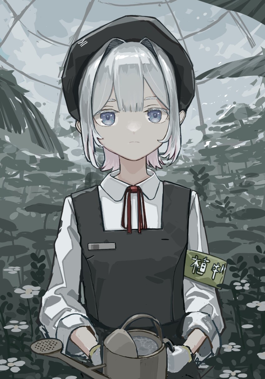 1girl armband black_hat black_vest blunt_bangs closed_mouth commentary_request conservatory dated_commentary dome flower gloves greenhouse grey_eyes hat highres holding holding_watering_can indoors long_sleeves looking_at_viewer mint_(min-min-mint) neck_ribbon original plant red_ribbon ribbon shirt short_hair sidelocks solo translation_request upper_body vest watering_can white_flower white_gloves white_hair white_shirt