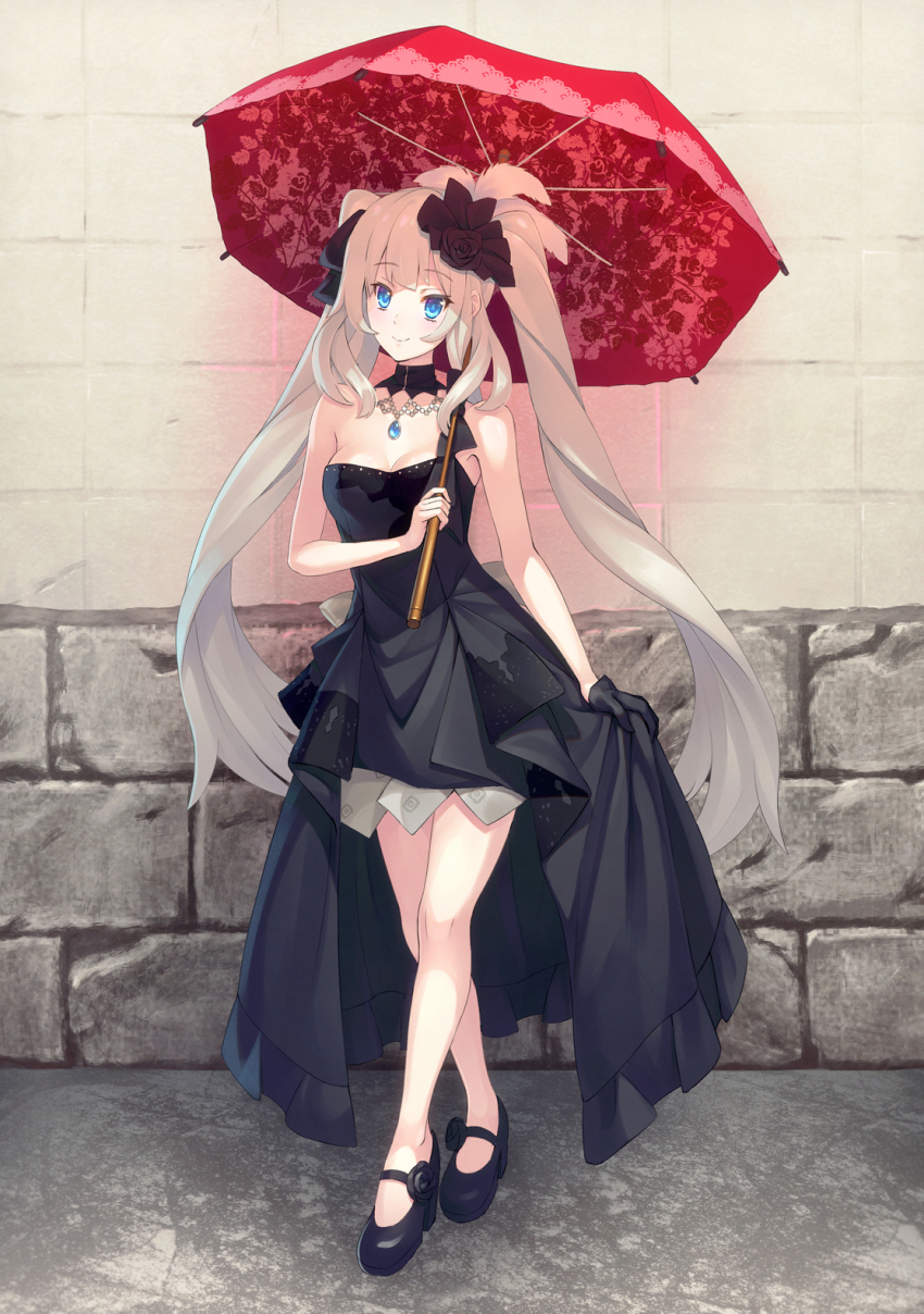 1girl asymmetrical_gloves bad_id bad_pixiv_id black_dress black_flower black_gloves black_shoes blue_eyes breasts choker cleavage dress fate/grand_order fate_(series) female_focus flower gloves hair_flower hair_ornament high-low_dress highres holding holding_umbrella jewelry kaina_(tsubasakuronikuru) long_hair looking_at_viewer marie_antoinette_(fate) marie_antoinette_(formal_dress)_(fate) mary_janes medium_breasts necklace official_alternate_costume red_umbrella shoes short_dress silver_hair skirt_hold sleeveless sleeveless_dress smile solo standing strapless strapless_dress twintails umbrella uneven_gloves very_long_hair