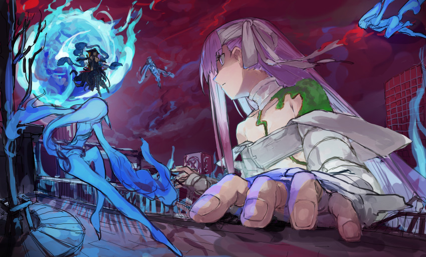2girls absurdres bandage_over_one_eye bandaged_arm bandaged_head bandaged_leg bandages bare_shoulders black_dress black_gloves black_thighhighs blue_eyes blue_fire blunt_bangs breasts building center_opening city cityscape dress duel elbow_gloves fate/extra fate/extra_ccc fate/grand_order fate_(series) fighting_stance fire giant giantess gloves hair_ornament highres horns kingprotea_(fate) leaf_hair_ornament long_hair long_horns looking_at_another moss multiple_girls multiple_hat_bows naked_bandage outdoors purple_eyes purple_hair ribbon sky stomach_tattoo striped_clothes striped_gloves tattoo thighhighs too_many_bows tzitzi-ya-ku_(armor) very_long_hair white_ribbon yang_guifei_(fate) yang_guifei_(third_ascension)_(fate) yorurokujuu