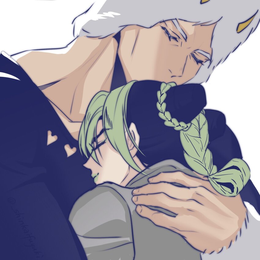 1boy 1girl black_hair bun_with_braided_base closed_eyes clothing_cutout commentary_request double_bun fur_hat green_hair green_lips hair_bun hashtag-only_commentary hat heart_cutout height_difference highres horned_hat hug jojo_no_kimyou_na_bouken kuujou_jolyne multicolored_hair shinkaifuyuki smile stone_ocean two-tone_hair weather_report white_hat