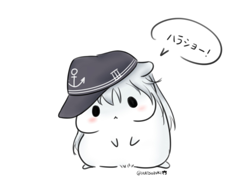 10s anchor_symbol androgynous animalization bad_id bad_pixiv_id blush gender_request hamster hat hatsuzuki_527 hibiki_(kancolle) highres horosho kantai_collection looking_at_viewer no_humans simple_background solo white_background white_hair