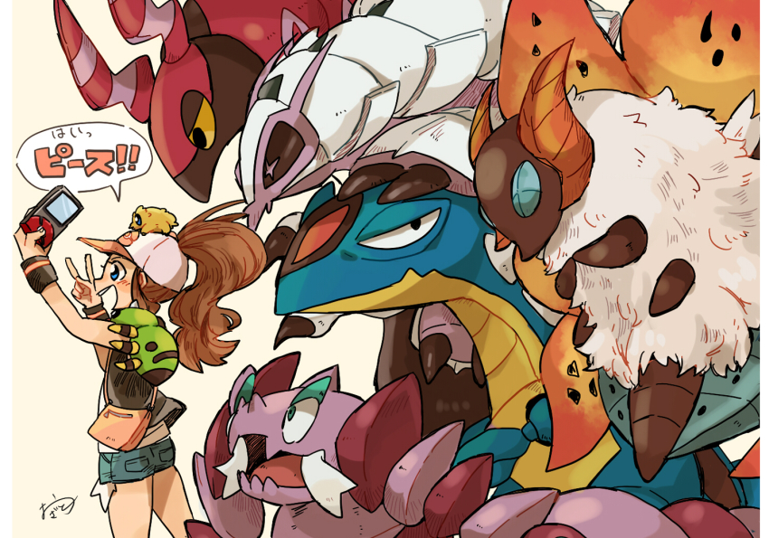 1girl :d arm_up armaldo bag bare_arms bare_legs baseball_cap black_vest blue_eyes brown_hair closed_mouth denim denim_shorts drapion exposed_pocket flying from_side gen_2_pokemon gen_3_pokemon gen_4_pokemon gen_5_pokemon gen_7_pokemon golisopod hand_up hat high_ponytail hilda_(pokemon) holding joltik long_hair looking_at_another looking_at_viewer nintendo on_head open_clothes open_mouth open_vest ozato_(doituitaria) pokemon pokemon_(creature) pokemon_bw pokemon_on_head ponytail scolipede selfie shirt shorts shoulder_bag sidelocks signature sleeveless sleeveless_shirt smile spinarak standing v vest volcarona white_shirt wristband