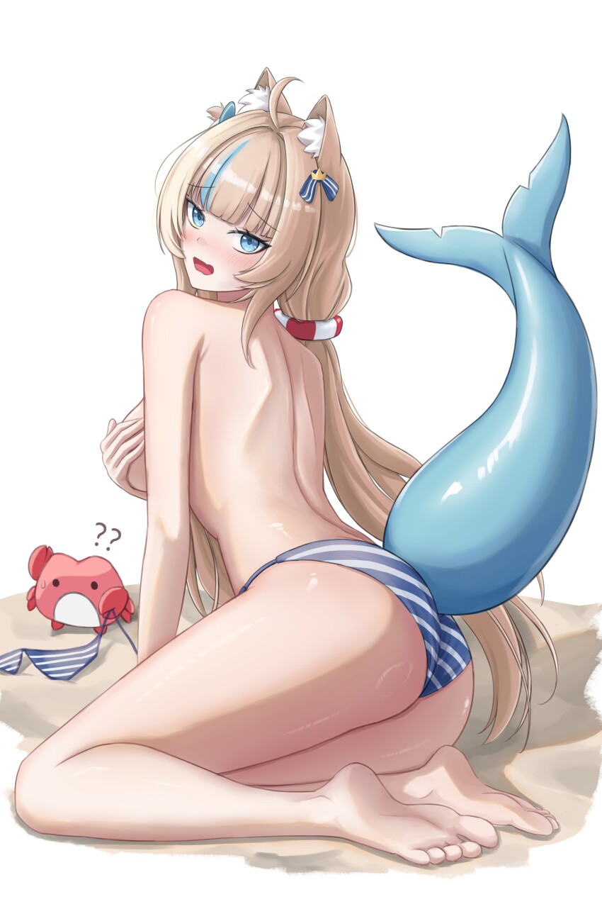 1girl ? ?? absurdres aged_up ahoge almonxtea alternate_breast_size animal_ear_fluff animal_ears ass barefoot bikini bikini_bottom_only blonde_hair blue_bikini blue_eyes blue_hair blush breasts cat_ears commentary covering_breasts covering_privates crab fang fins fish_girl fish_tail highres indie_virtual_youtuber large_breasts lifebuoy_hair_ornament long_hair looking_at_viewer low_twintails median_furrow multicolored_hair one_side_up open_mouth sameko_saba shark_tail shoulder_blades simple_background sitting skin_fang soles solo streaked_hair striped_bikini striped_clothes swimsuit tail topless_female twintails unworn_bikini_top very_long_hair virtual_youtuber white_background