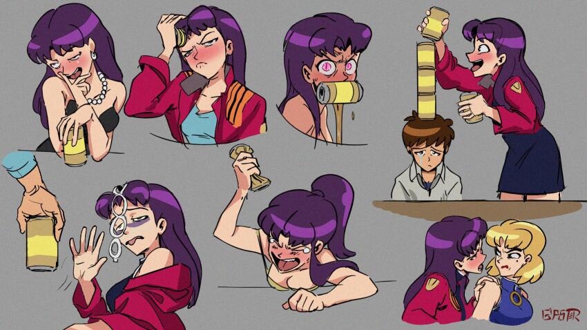 1boy 2girls akagi_ritsuko alcohol beer_can blonde_hair blush breasts can cosplay crazy_eyes crying dress drink_can drunk giaster grey_background highres ikari_shinji jacket kamado_nezuko kamado_nezuko_(cosplay) katsuragi_misato kimetsu_no_yaiba large_breasts laughing lipstick makeup mole mole_under_eye multiple_girls multiple_views neon_genesis_evangelion ponytail purple_hair red_jacket simple_background smile tongue tongue_out