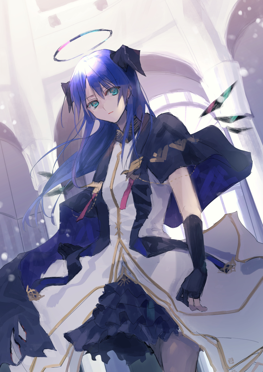 1girl absurdres arknights bad_id bad_pixiv_id black_cape black_gloves black_skirt blue_eyes blue_hair cape closed_mouth commentary cowboy_shot dark_halo demon_horns dress elbow_gloves energy_wings gloves halo highres horns indoors light_particles long_dress long_hair looking_at_viewer matsuzaka_(matsuzakagyu_29) mostima_(arknights) mostima_(spellbreaker)_(arknights) official_alternate_costume partially_fingerless_gloves skirt solo white_dress