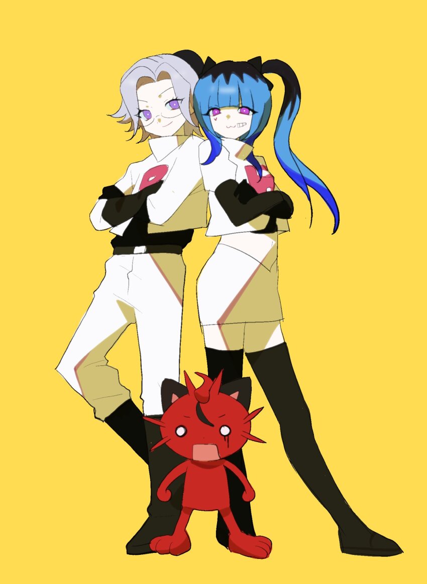 1boy 1girl :3 amemiya_darumi aotsuki_eito belt black_belt black_boots black_gloves black_ribbon black_undershirt blue_hair boots cosplay crossed_arms crossover elbow_gloves facial_mark full_body gen_1_pokemon glasses gloves grey_hair heart heart_facial_mark highres jacket james_(pokemon) james_(pokemon)_(cosplay) jessie_(pokemon) jessie_(pokemon)_(cosplay) long_hair looking_at_viewer meowth navel nintendo pants pink_eyes pokemon pokemon_(anime) pokemon_(creature) purple_eyes ribbon short_hair simple_background skirt smile sumino_takumi the_hundred_line_-last_defense_academy- thigh_boots twintails white_jacket white_pants white_skirt y67204593527301 yellow_background